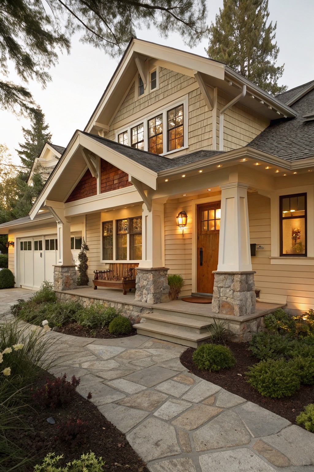 Two-story Craftsman house exterior with pale off-white horizontal siding, red cedar gable accents, stone porch pillars and base, wooden front door, garage, bench on porch, pathway, and low plantings.