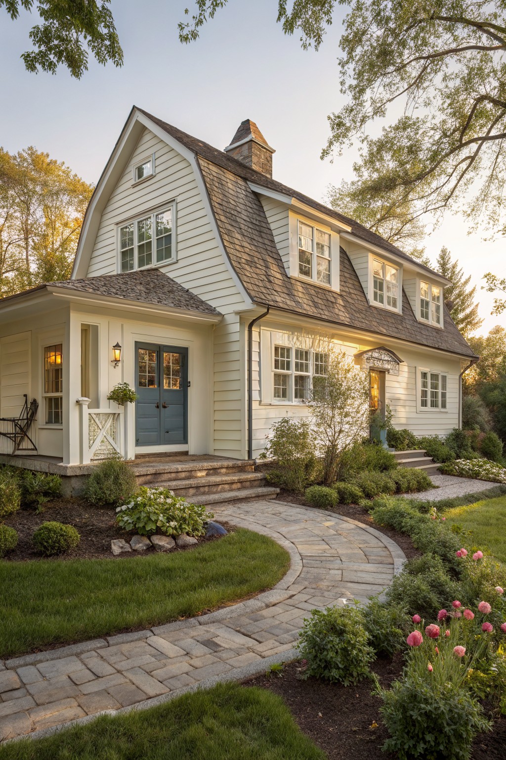 Two-story off-white clapboard house with gambrel shingle roof, small covered porch featuring blue double doors and lantern light, curved bluestone pathway winding through garden beds with tulips and shrubs, trees in background at sunset.