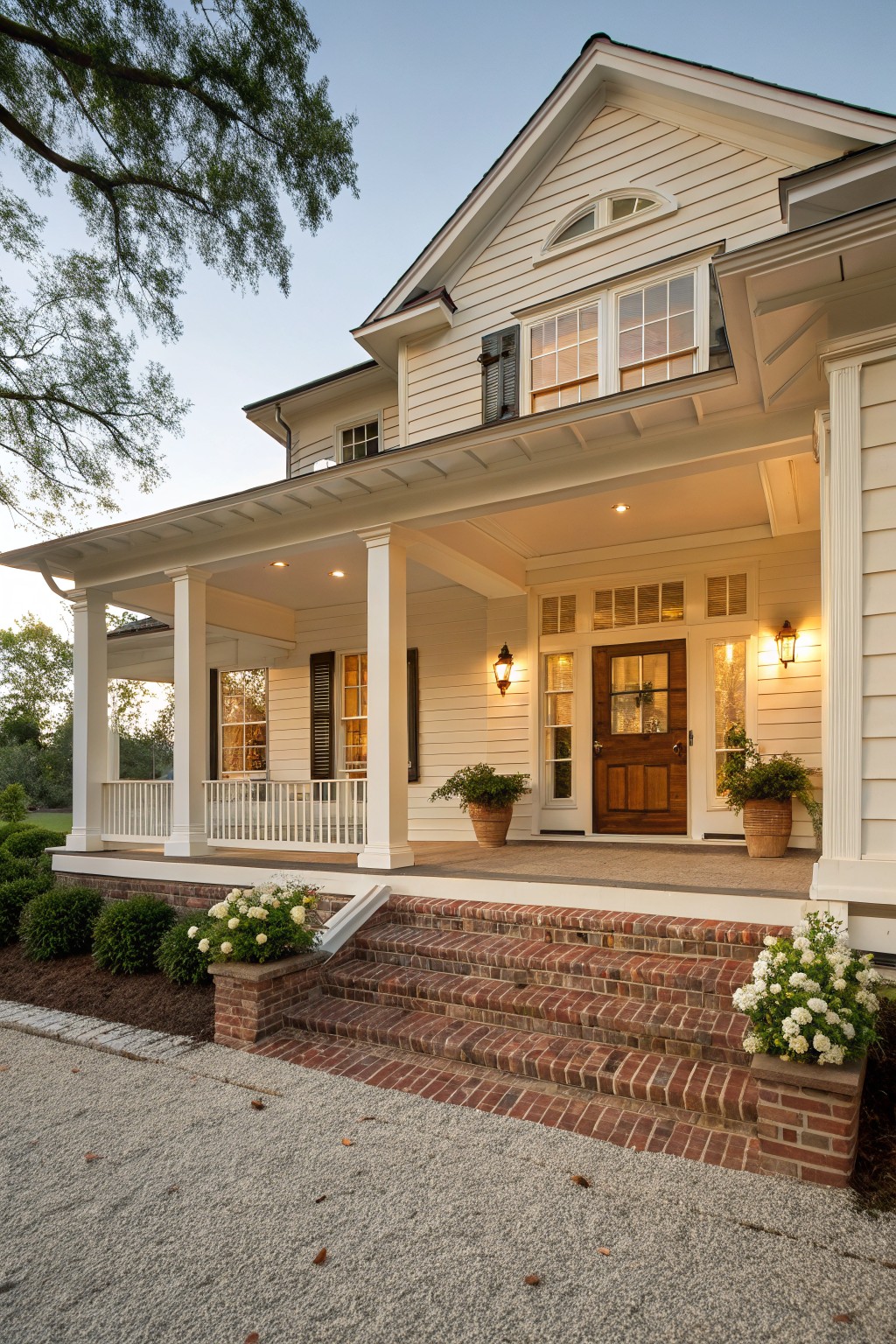 Front exterior of a two-story house with soft off-white clapboard siding, white porch columns, wooden front door with sidelights, brick steps, potted plants, lanterns, and landscaping with shrubs and flowers.