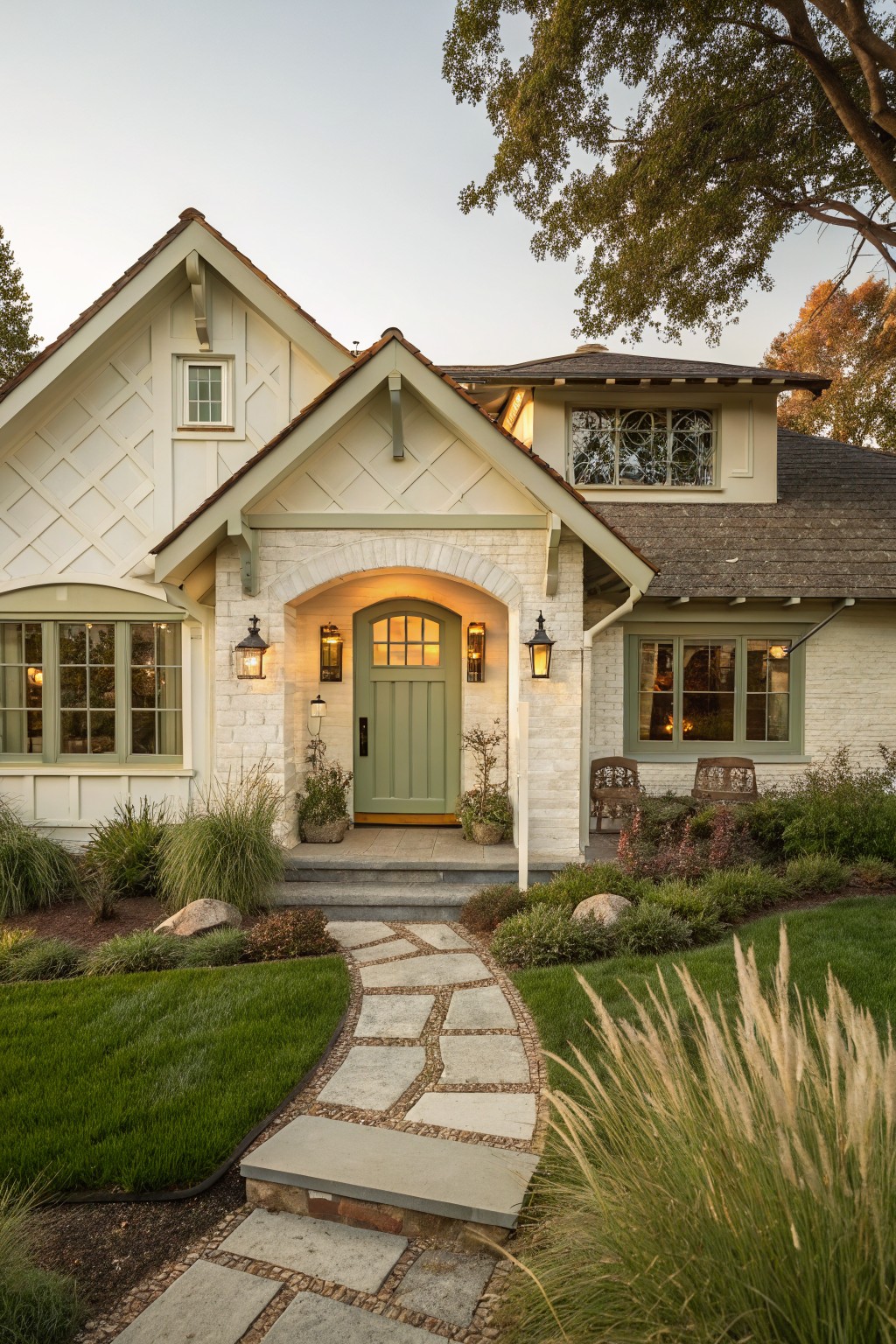 Front view of a Craftsman-style house with soft off-white shiplap siding, sage green front door in a white brick arched entryway, green window frames, lanterns, stone steps, flagstone path, potted plants, chairs, and ornamental grasses in the yard at dusk.
