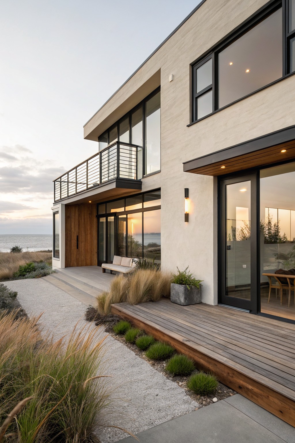 Modern two-story house exterior with light beige stucco walls, black-framed large windows and sliding glass doors, wooden balcony and deck, gravel path, grasses, and ocean view at sunset.