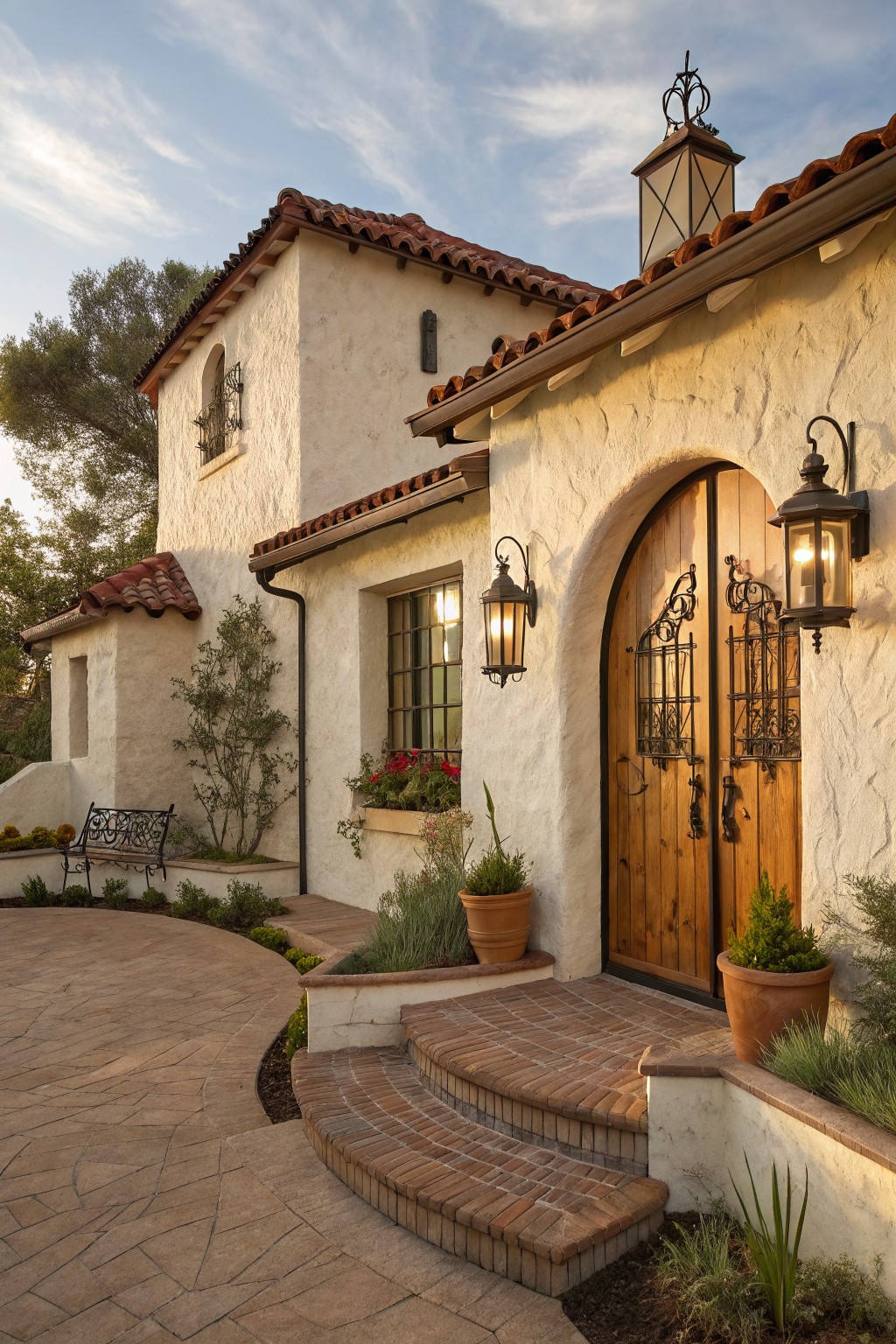 Soft off-white stucco house exterior with red tile roof, arched double wooden doors with wrought iron grilles and lanterns, brick steps, potted plants, and curved paver pathway.