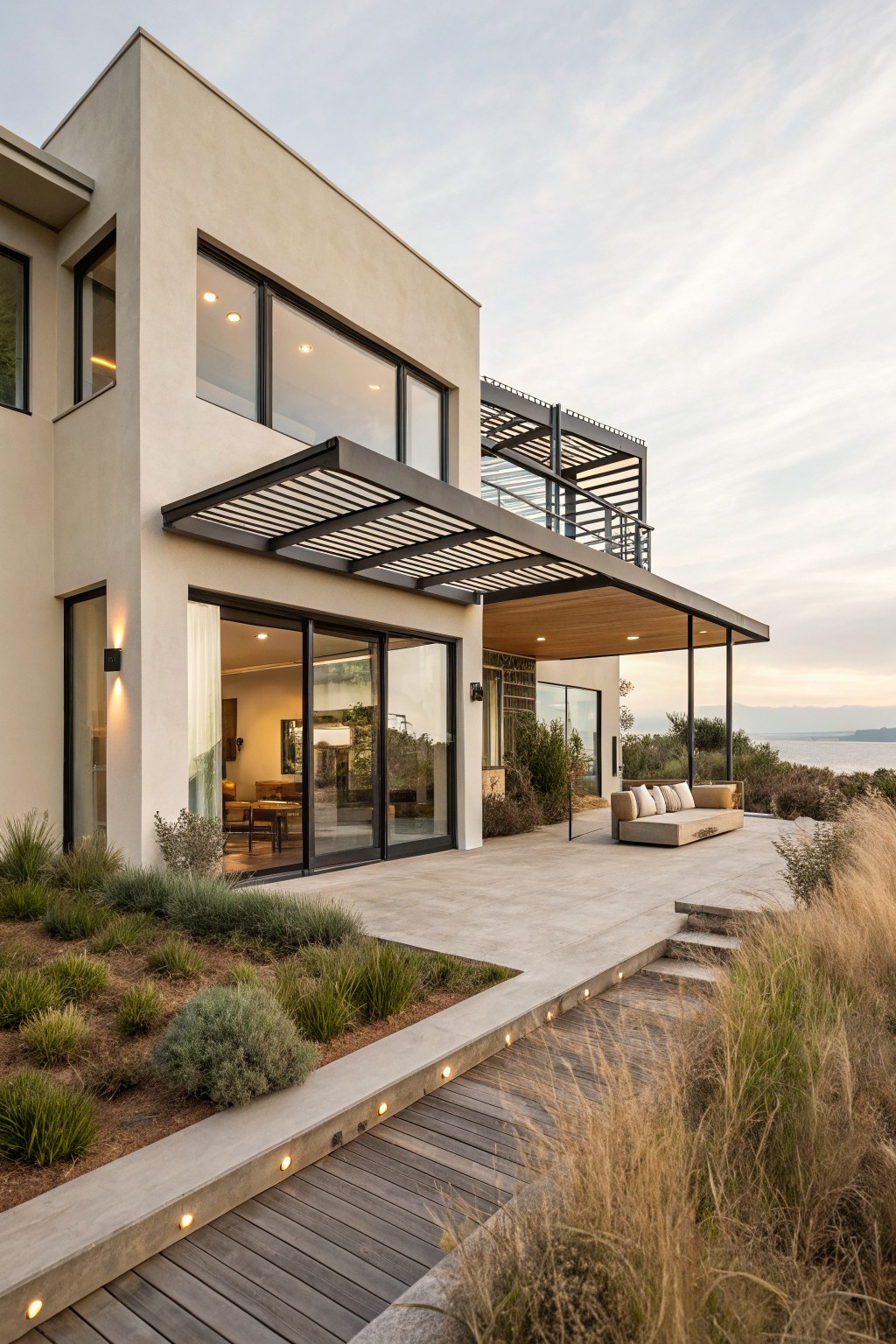 Modern two-story house exterior with beige stucco walls, black metal louvered canopy and balcony, glass sliding doors to terrace, wooden deck path, native grasses, and distant ocean view at dusk.