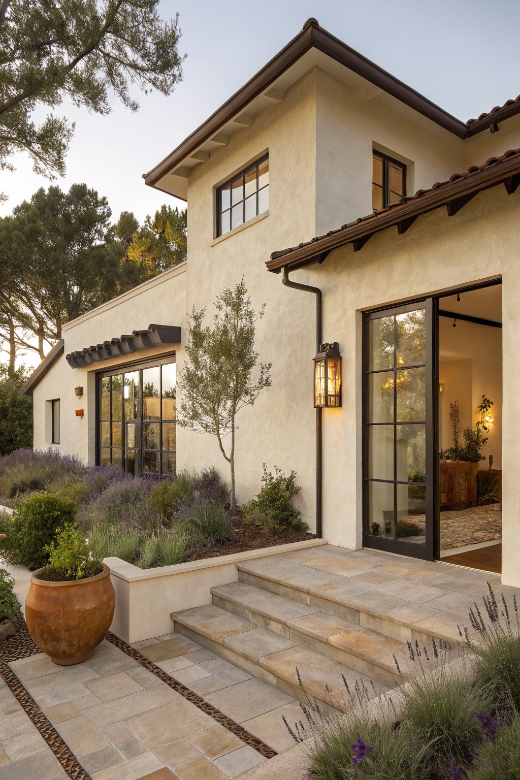 Corner exterior of a soft off-white stucco house with terracotta tile roof, glass entry doors and windows, stone steps leading to the door, lavender plants, and a large terracotta pot in the landscaping.