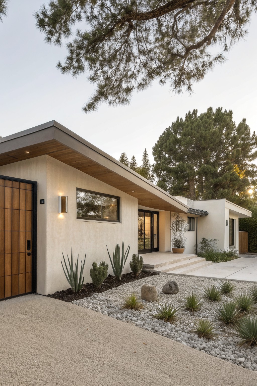 Side exterior view of a modern single-story house with soft off-white stucco walls, cantilevered cedar wood ceiling overhang, black-framed windows, teak wood panel door, concrete steps, and gravel yard with agave plants and boulders.