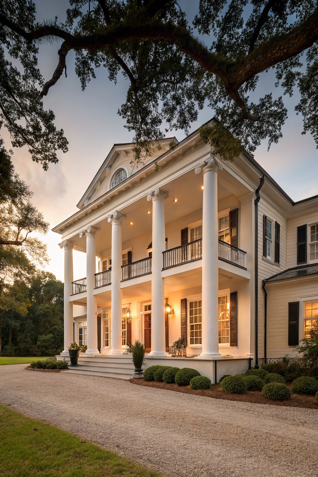 Two-story house exterior painted soft off-white with tall white columns supporting a second-floor balcony and porch, flanked by trees and shrubs on a gravel driveway at dusk.