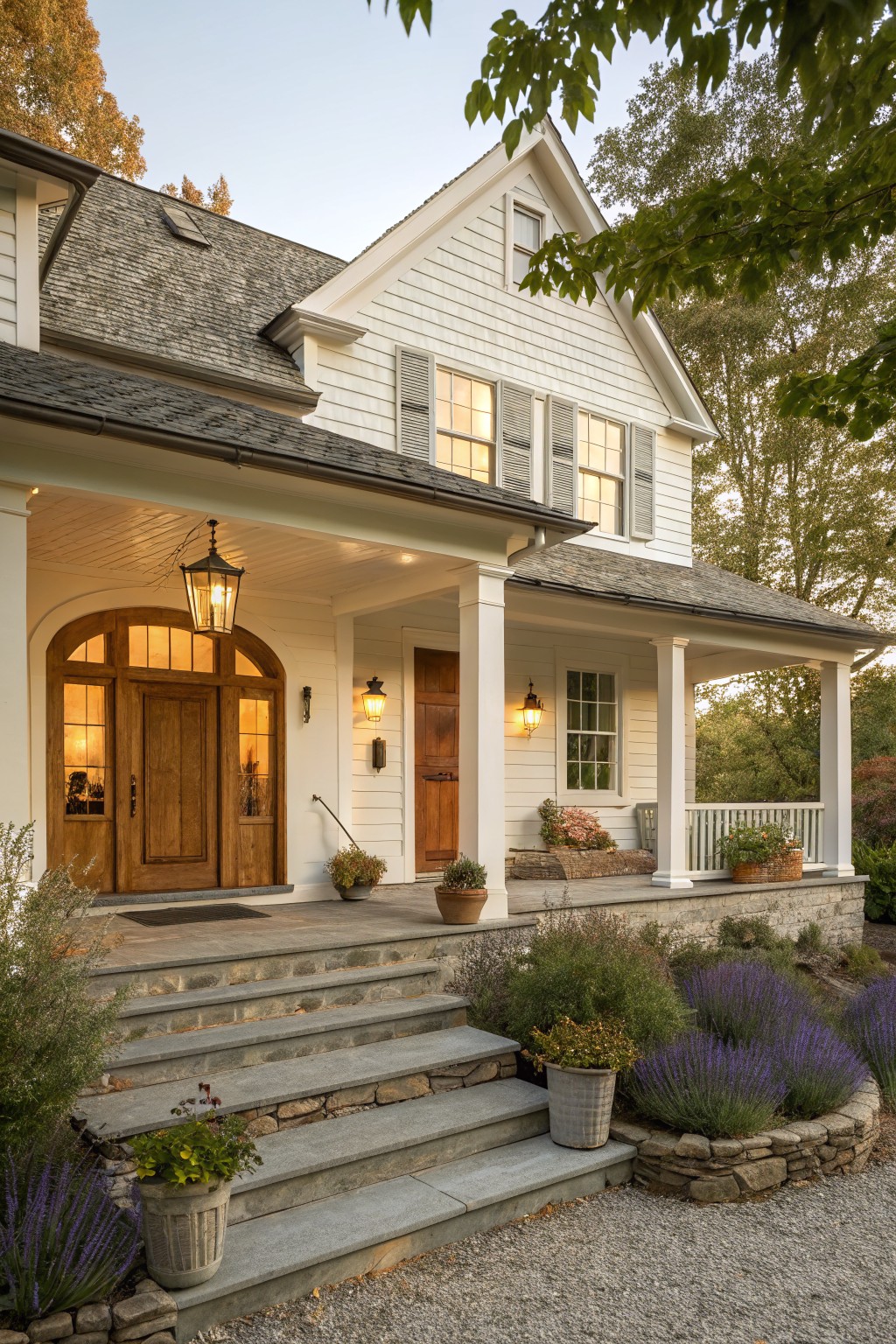 A two-story house with soft white clapboard siding, gabled roof, covered porch supported by white columns, arched wooden front door with sidelights, lanterns, stone steps, and front landscaping with lavender plants and pots.
