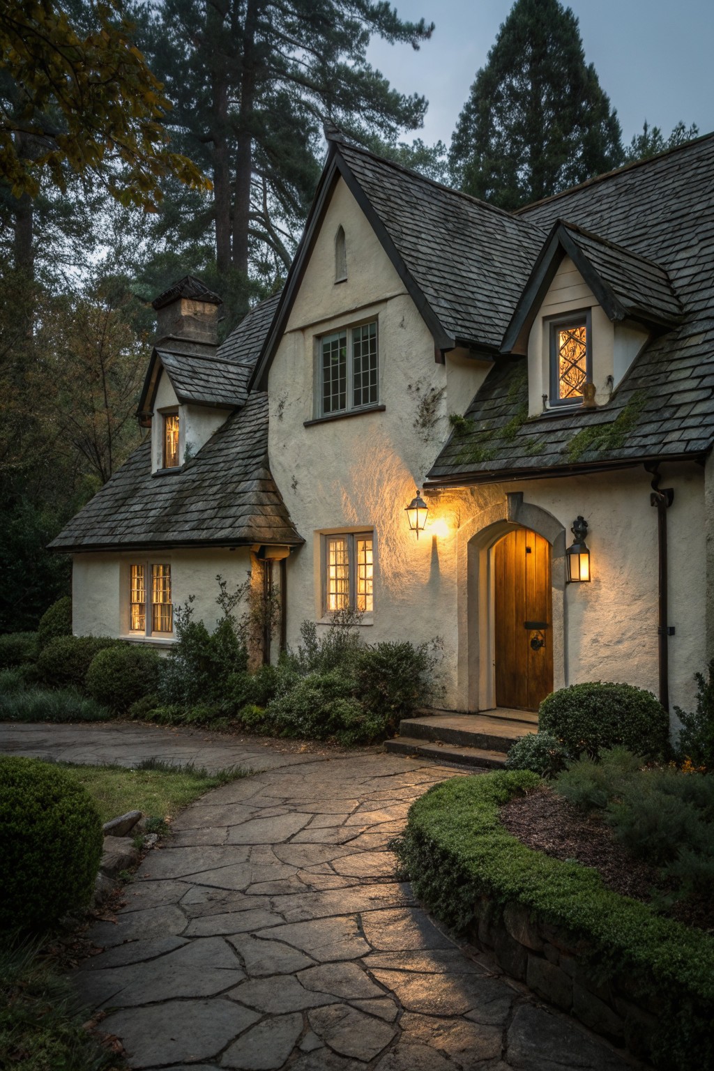 Tudor-style house exterior with soft beige stucco walls, dark timber framing, steeply pitched slate roof, arched wooden entry door with lanterns, stone path, shrubs, and surrounding trees at dusk.