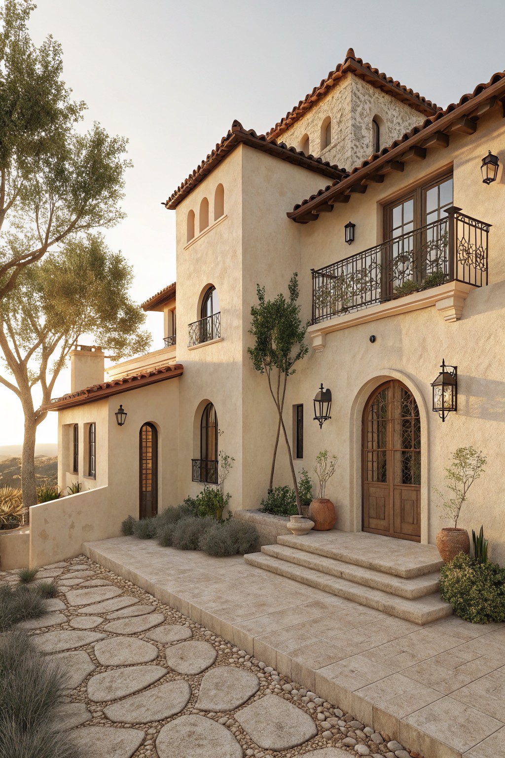 Two-story house exterior featuring soft beige stucco walls, terracotta tile roof, arched wooden front door, wrought-iron balcony railing, stone steps and pathway, potted plants, and drought-tolerant landscaping at dusk.