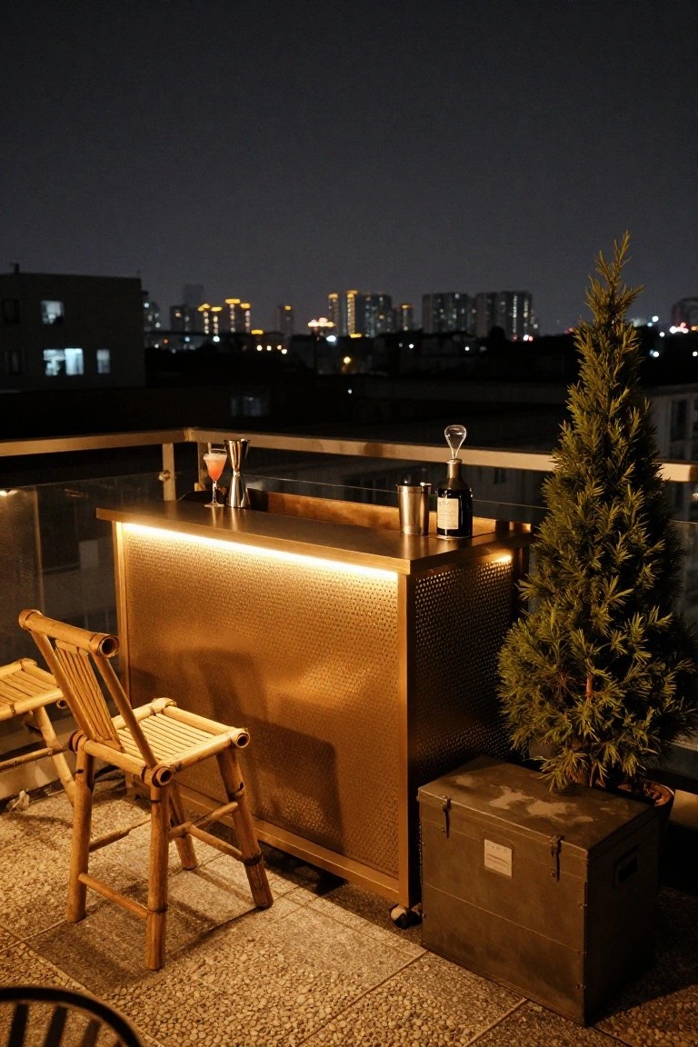 Nighttime photo of a gold bar counter with LED underlighting on a balcony, featuring a pink cocktail in a glass, shaker, bamboo stool, small potted evergreen tree, metal box, and city skyline view.