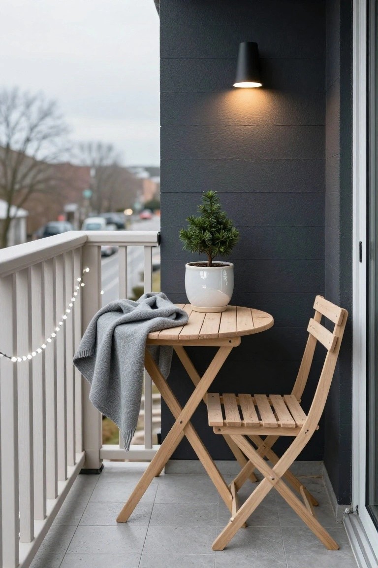 Balcony corner with black textured wall, white railing wrapped in white string lights, small round wooden table holding potted fir tree and gray blanket, wooden folding chair, black wall light, and street view beyond.