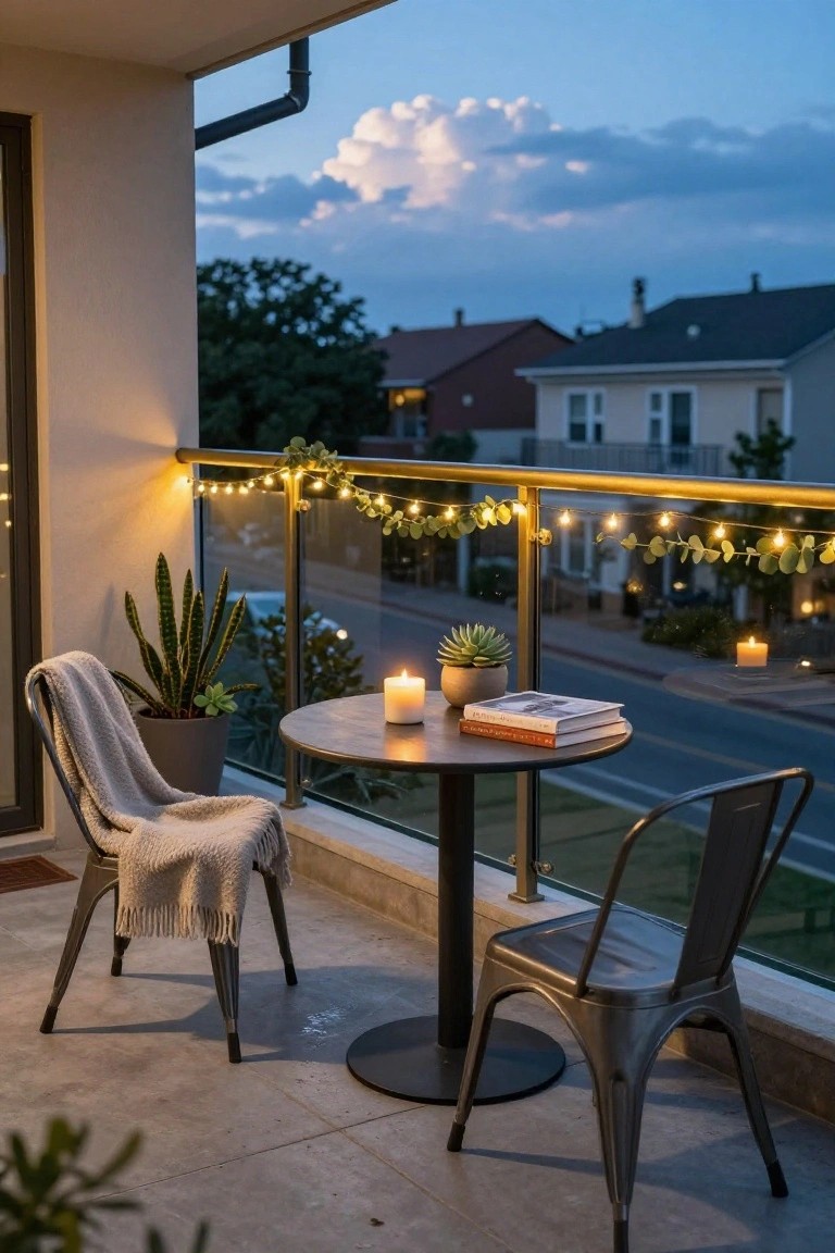 Balcony at dusk with fairy string lights and eucalyptus garland draped along a glass and metal railing, two gray metal chairs at a round wooden table holding candles, a book, and potted plants, overlooking a street with houses and trees.