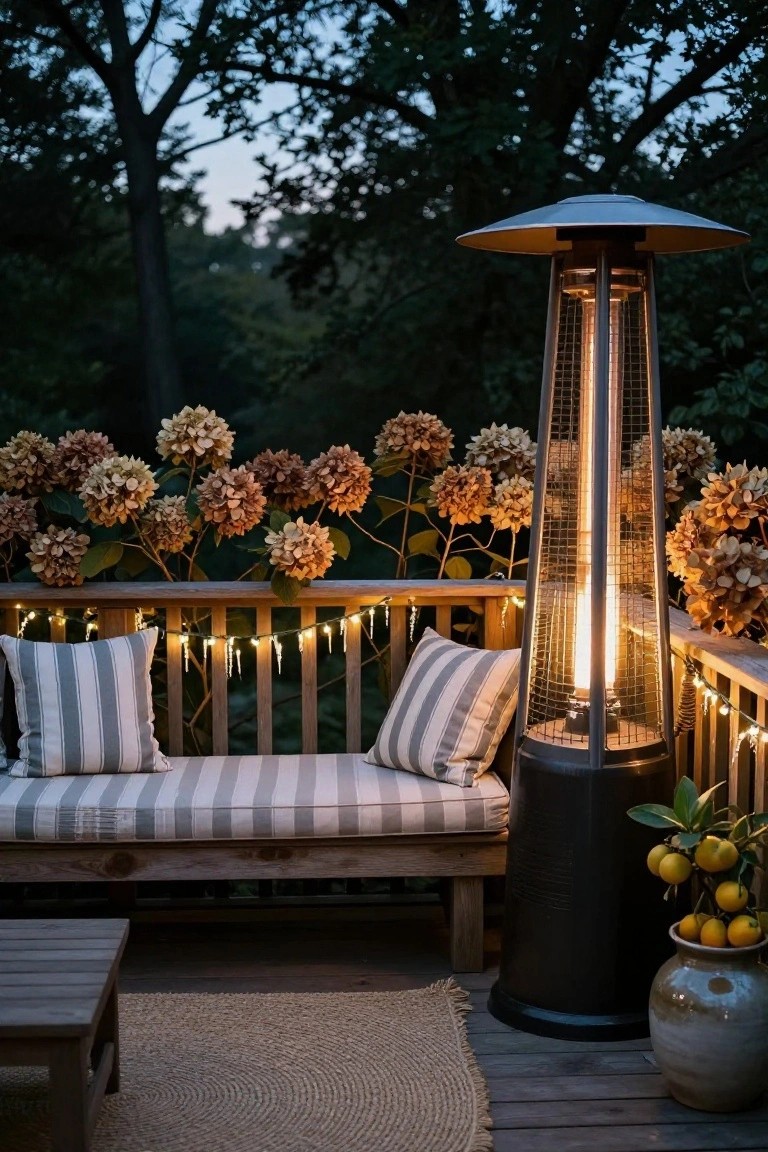 Wooden deck balcony at dusk featuring a striped cushioned bench, low wooden table, tall patio heater, potted citrus plant, hydrangea blooms along the railing, and string lights with icicle effects draped on the railing amid trees and fairy lights.