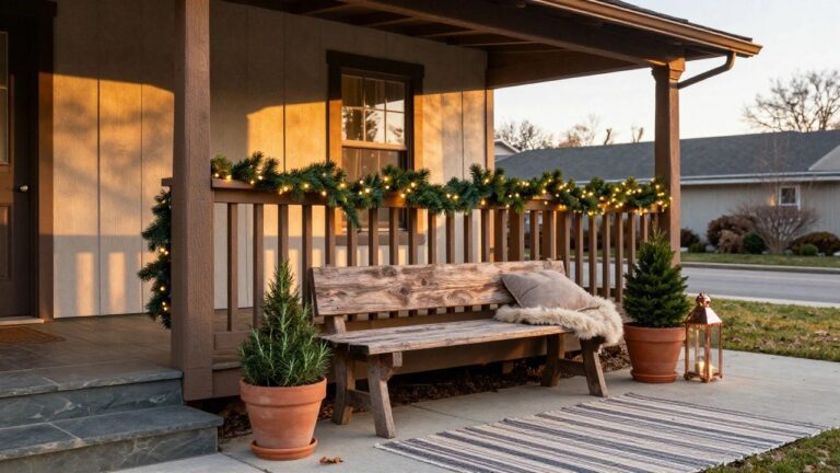 White porch railing wrapped in evergreen garland strung with small white fairy lights, wooden bench with beige pillow and sheepskin throw, potted rosemary plants, copper lanterns, and striped outdoor rug on stone steps beside beige house siding at sunset.