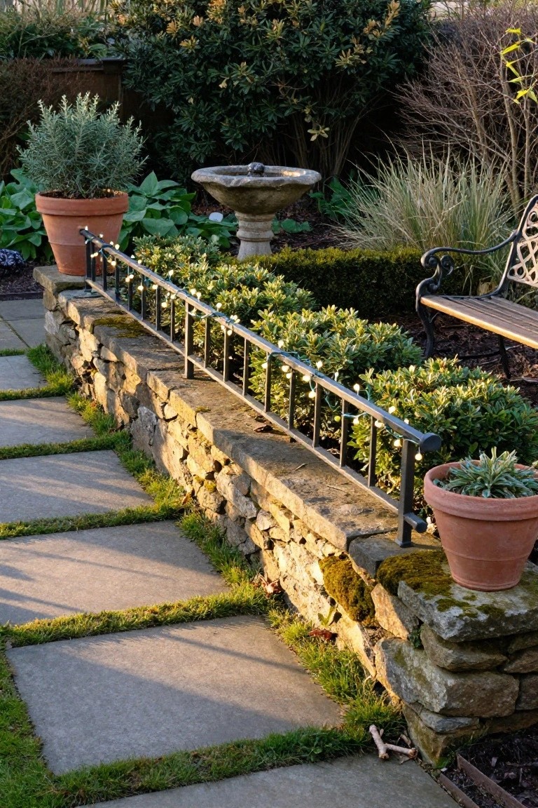 Stone wall topped with black metal railing wrapped in small white string lights, edged by boxwood shrubs, beside a paved path with potted plants and a garden bench in the background.