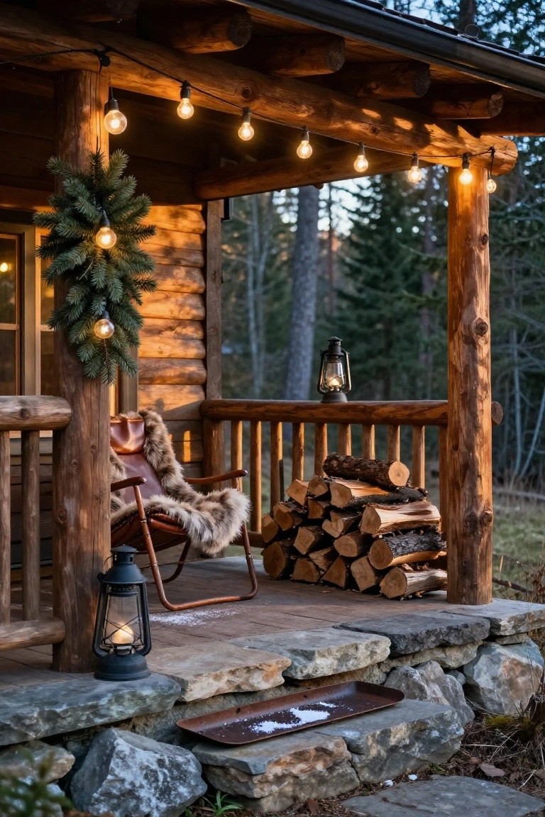 Wooden porch on a log cabin with string lights strung overhead, lit evergreen garland on a railing post, leather armchair with fur throw, stacked firewood, lanterns, and stone steps amid forest surroundings.