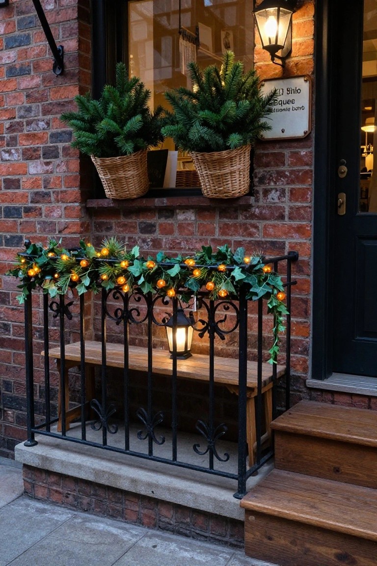 Brick house exterior with potted evergreen plants in window boxes, a black wrought-iron railing wrapped in green garland and orange fairy lights with ivy, a wooden bench, lantern, and steps leading to a dark door.