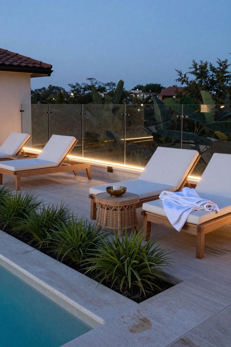 Dusk view of a rooftop terrace with three teak lounge chairs with white cushions, a rattan side table holding a bowl, potted grasses along the edge, glass balustrade lit by blue LED strips underneath, and turquoise pool water at the side.