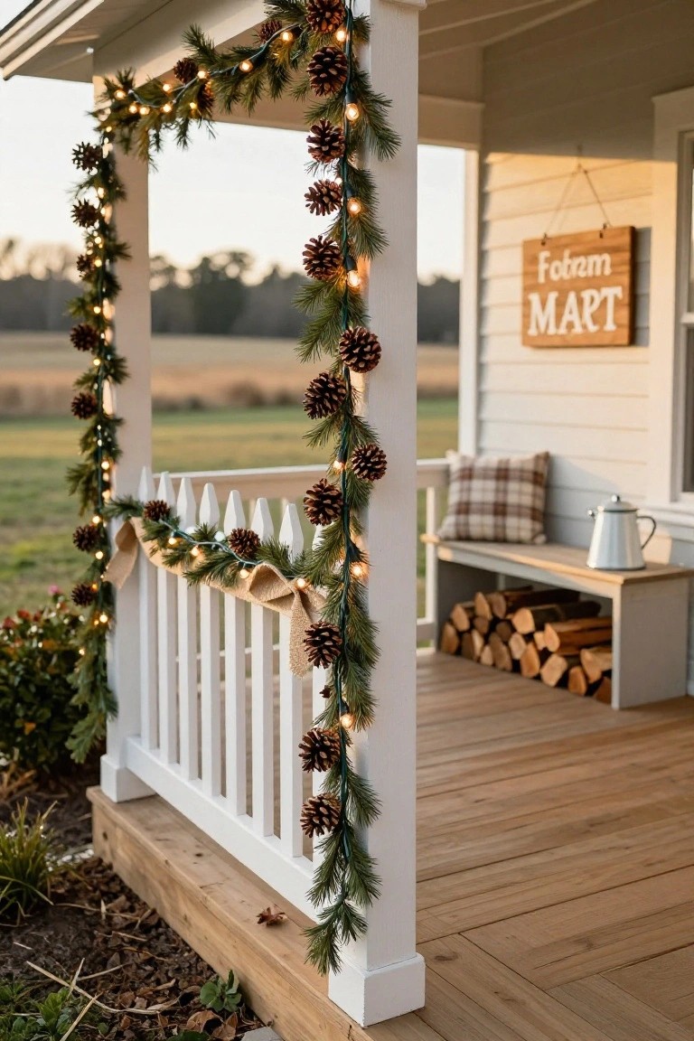 White picket porch railing wrapped in green garland with pinecones, string lights, and burlap ribbon, beside a wooden bench holding firewood, a plaid pillow, teapot, and a sign reading 