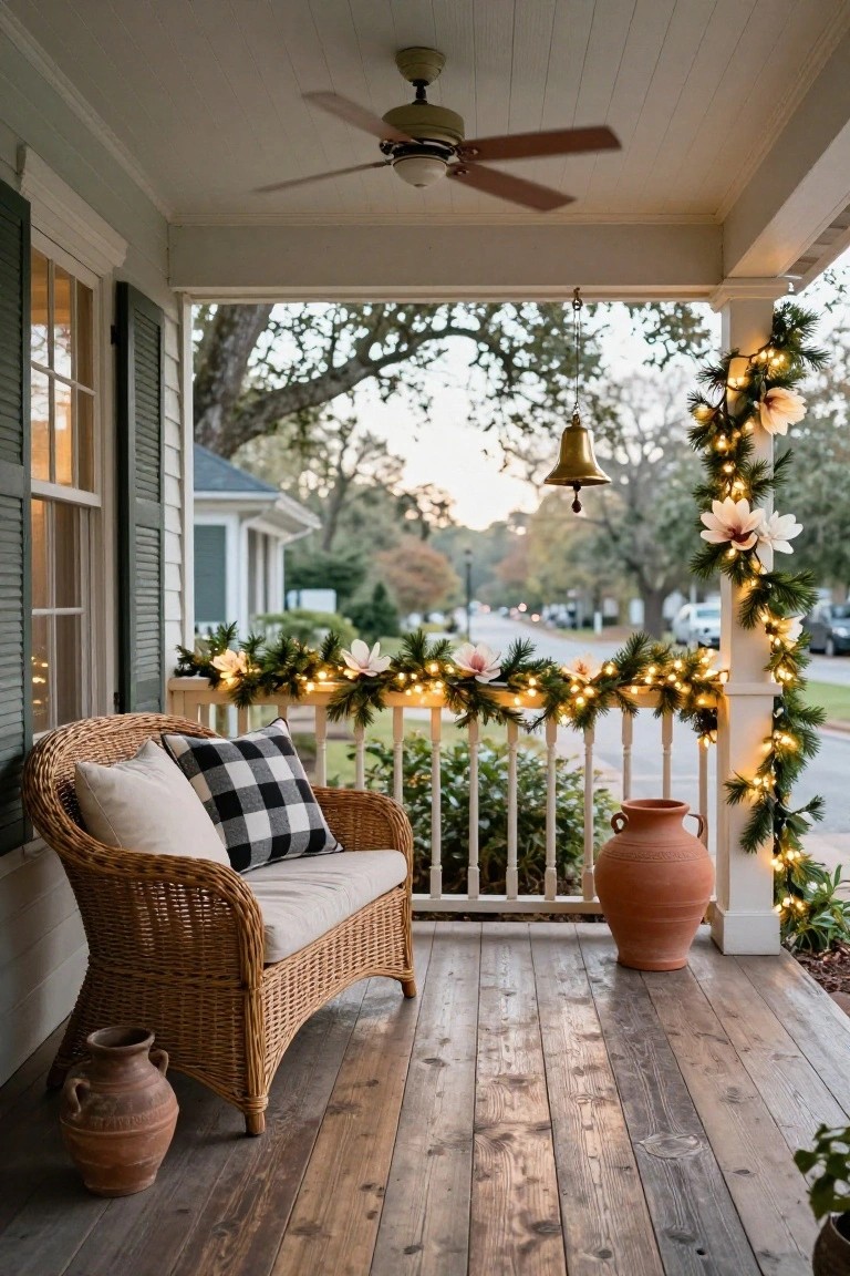 Porch with wicker armchair and pillows, terracotta pots, railing wrapped in pine garland with fairy lights and white magnolia flowers, hanging brass bell, ceiling fan, green shutters, and street view at dusk.
