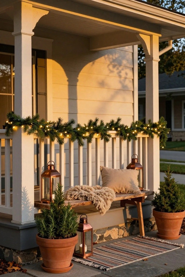 White porch railing wrapped in evergreen garland strung with small white fairy lights, wooden bench with beige pillow and sheepskin throw, potted rosemary plants, copper lanterns, and striped outdoor rug on stone steps beside beige house siding at sunset.