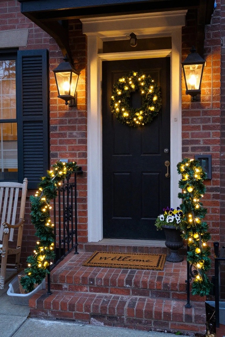 Brick house front entrance at dusk with black door, lit Christmas wreath, garland strung with yellow lights on iron stair railings and planters, lanterns, potted pansies, Adirondack chair, and welcome mat.