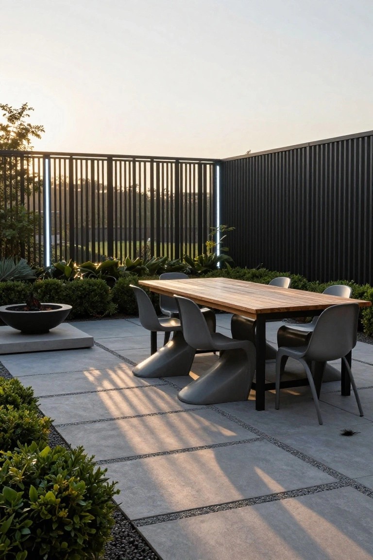 Outdoor patio at sunset with a long wooden dining table and six gray molded plastic chairs, a round black fire pit on a concrete base, low plants and boxwoods, gray paver flooring, and a tall black vertical bar railing with illuminated LED strips.