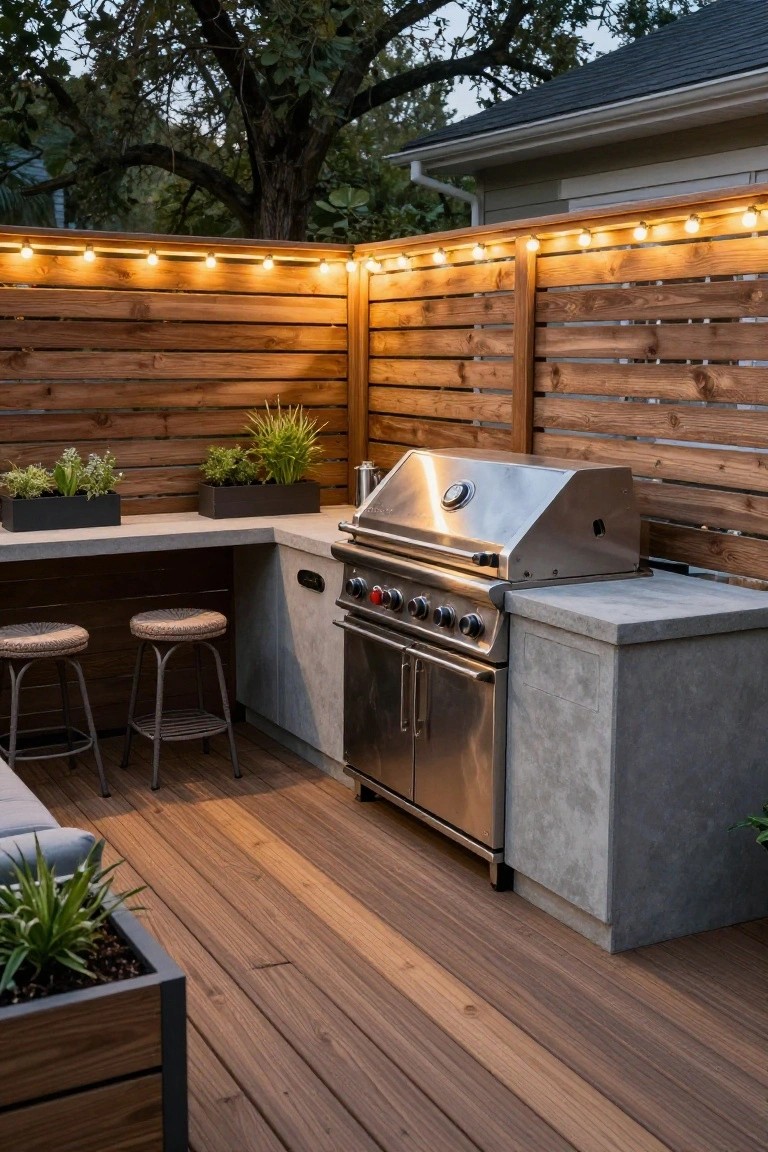 Outdoor deck with concrete countertop grill station, two bar stools, potted plants, wooden slat fence strung with warm bulb lights, and house and trees visible at dusk.
