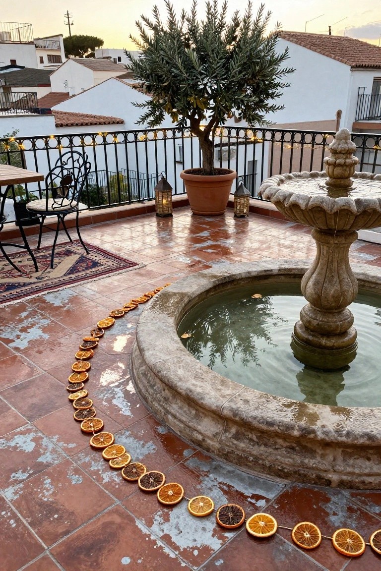 Terracotta-tiled outdoor terrace at sunset with stone fountain circled by dried orange slice garland, potted olive tree, wrought-iron railing strung with small lights, chairs at a table, lanterns, and white buildings in background.