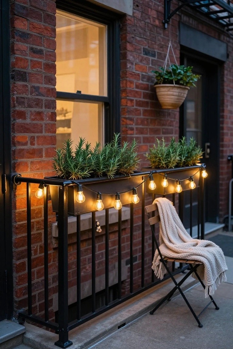 Brick building exterior with a black metal balcony railing holding two rectangular planters filled with rosemary plants, draped with small warm string lights, a wooden folding chair with a beige knit blanket beside it, and a hanging plant pot nearby at dusk.