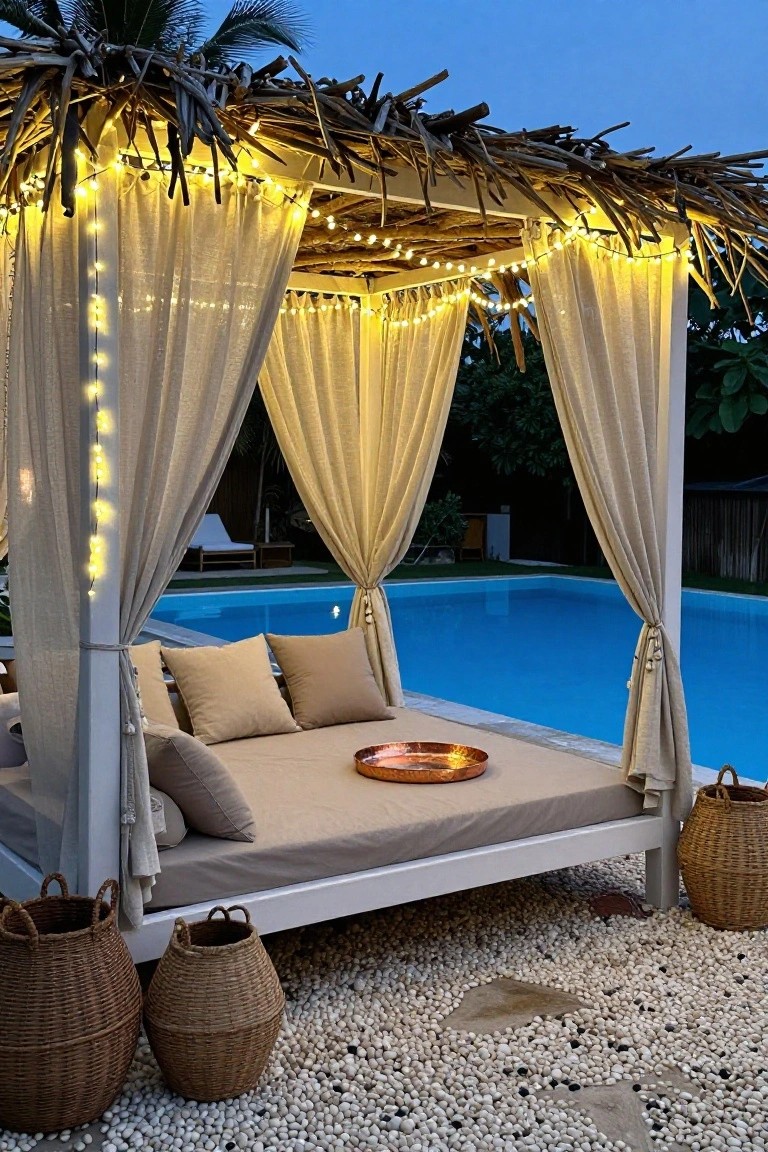 Outdoor cabana with thatched roof and sheer curtains draped in string lights, featuring a cushioned daybed with pillows and copper tray next to a blue pool, flanked by woven baskets on pebble ground.