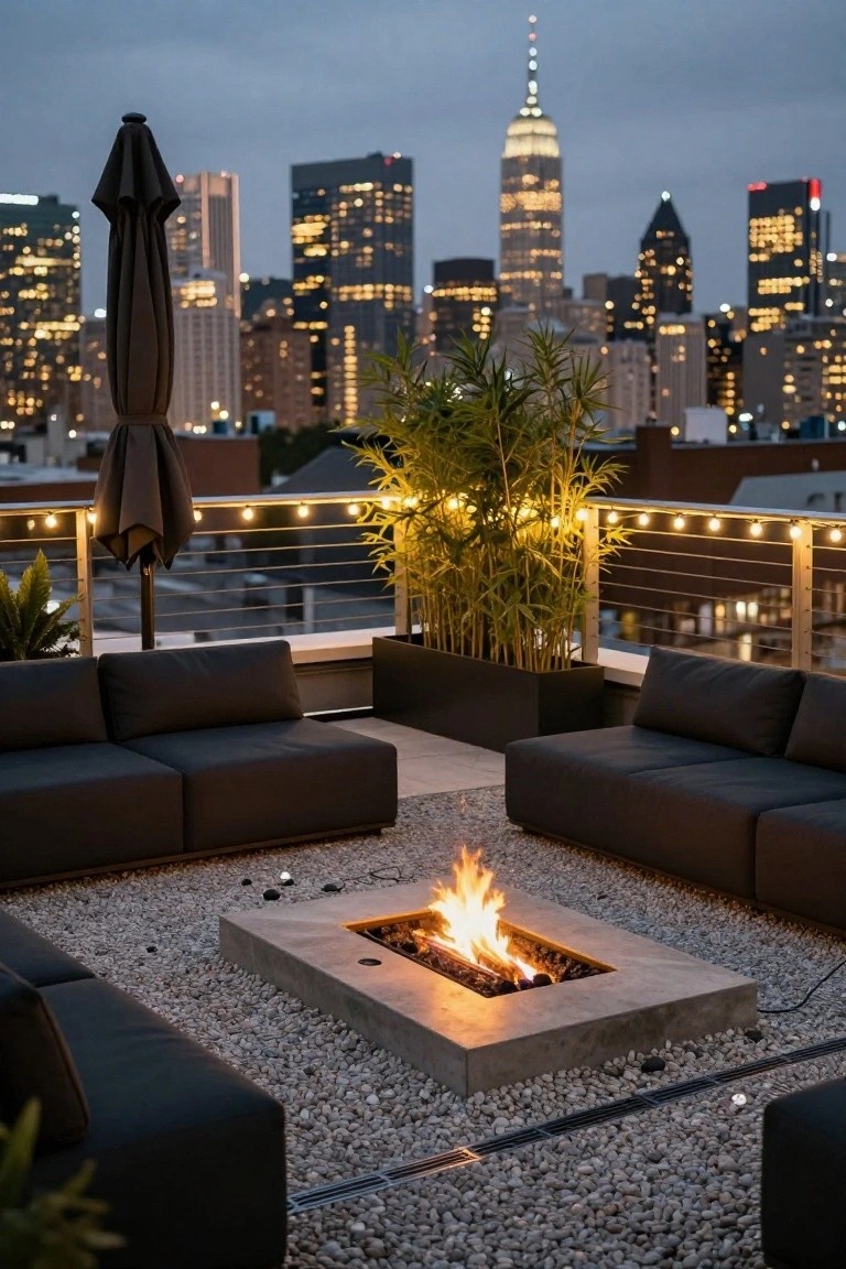 Rooftop terrace at dusk with black modular sofas around a rectangular concrete fire pit on pebble surface, black umbrella, bamboo in tall black planters, string lights along cable railing, and New York City skyline including Empire State Building in background.