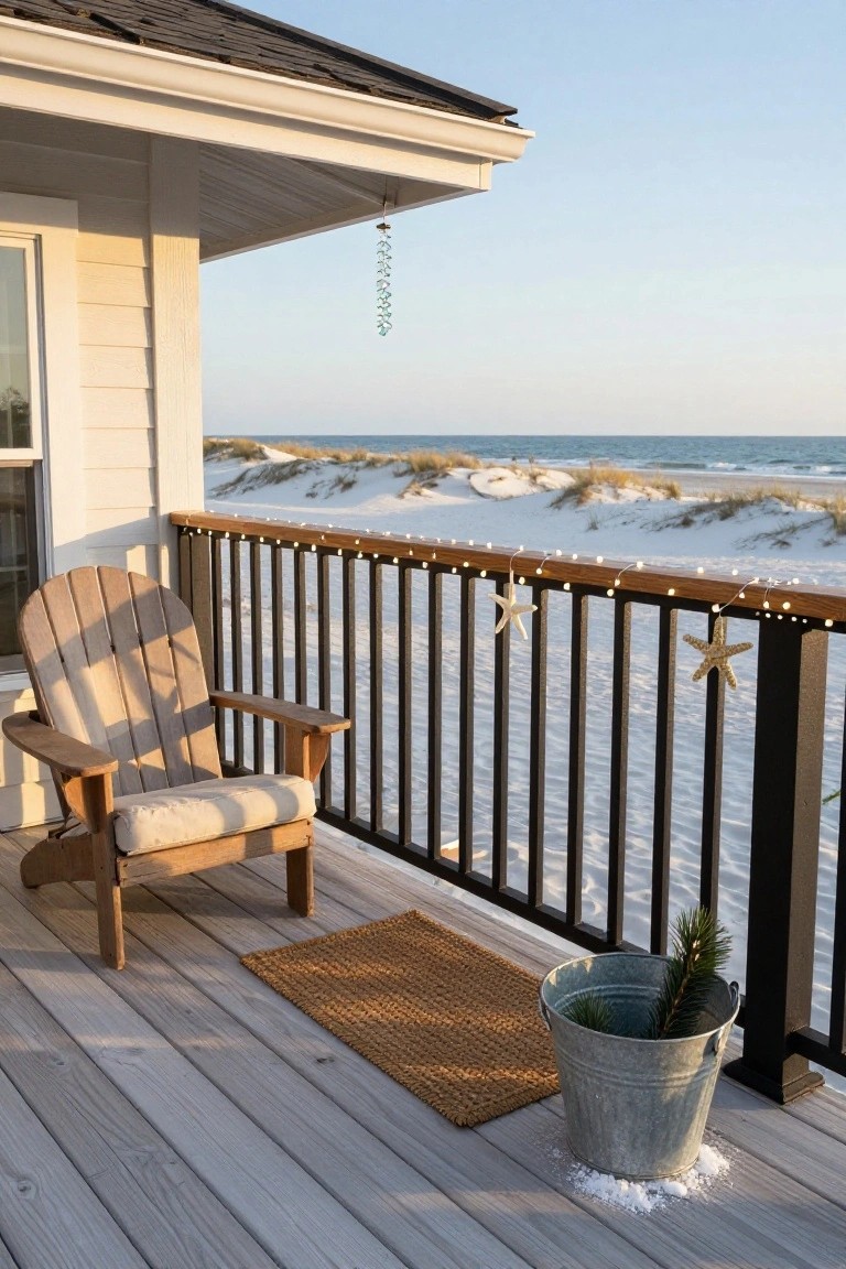 Wooden Adirondack chair on a gray deck beside a black metal railing strung with small white lights and starfish decorations, overlooking sand dunes and ocean, with a small potted Christmas tree in a metal bucket nearby.