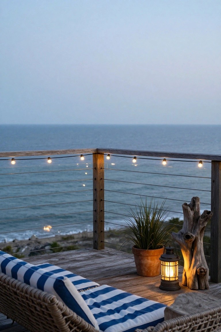 Wooden deck balcony at dusk overlooking the ocean, with blue and white striped hammock chair, potted grass plant, terracotta lantern, driftwood piece, and string lights along cable railings.