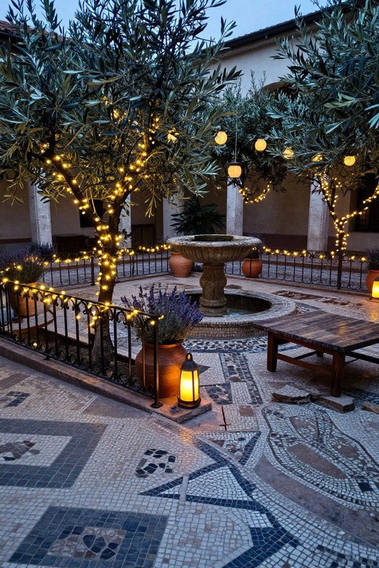 Courtyard patio at dusk with two olive trees wrapped in string lights, central stone fountain surrounded by lavender pots and terracotta jars, mosaic tile floor, wooden table, lanterns, and black wrought-iron railings lined with warm string lights.