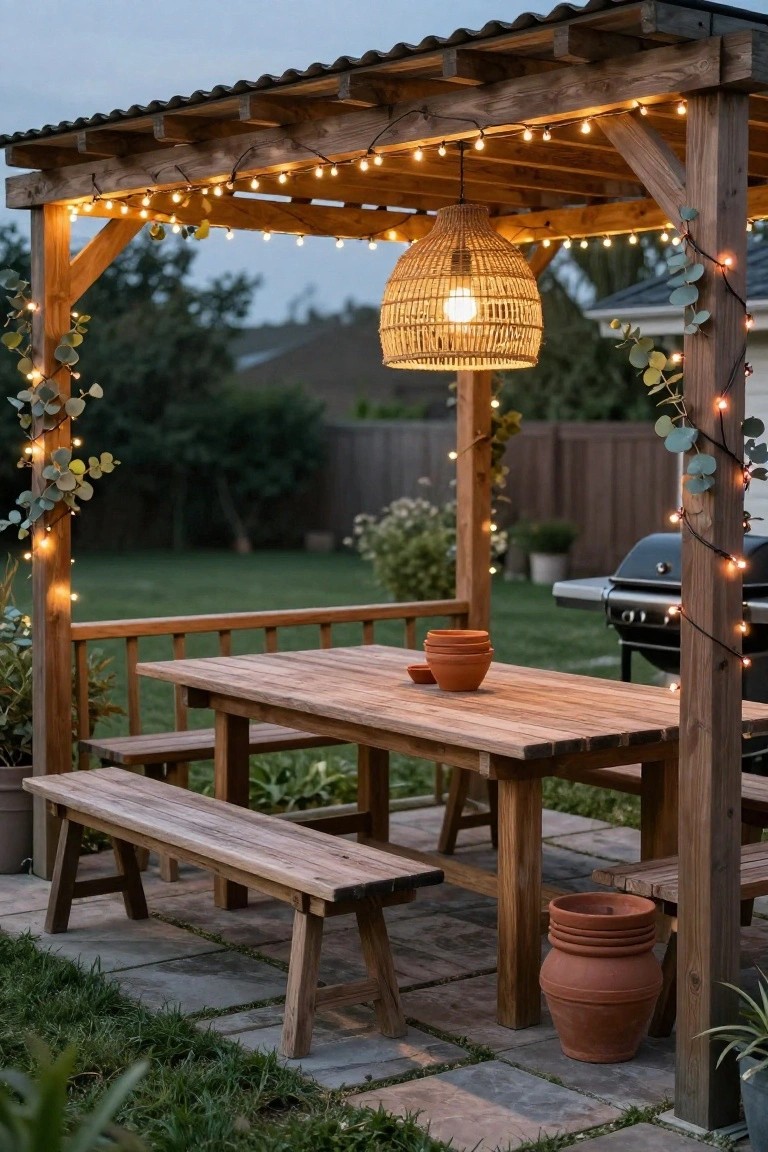 Wooden pergola with string lights wrapped around posts and beams over a rectangular wooden dining table flanked by benches on a backyard patio next to a grill.