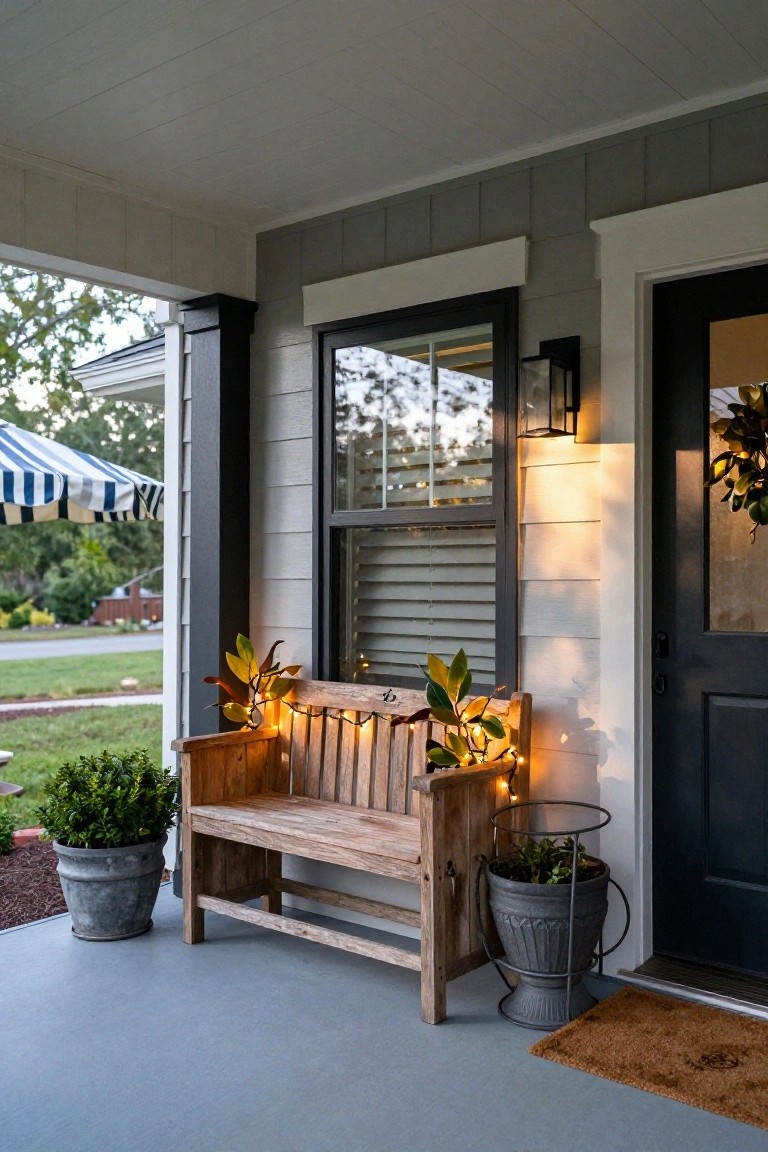 Gray shingled house porch featuring a wooden bench with magnolia garland and string lights, potted plants, black front door, and lantern light.