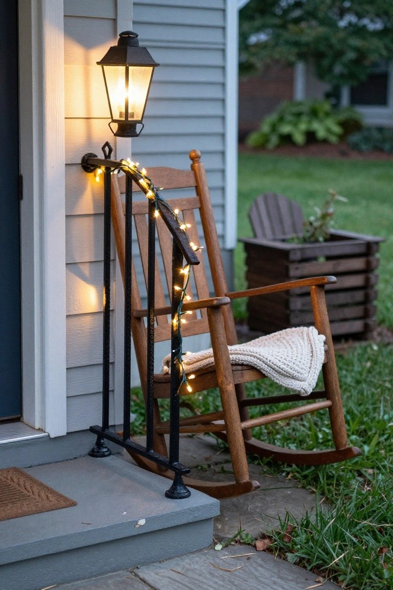 Exterior porch at dusk with black iron railing wrapped in white fairy lights, wooden rocking chair with blanket, wall-mounted lantern light, potted plant, and house siding visible.