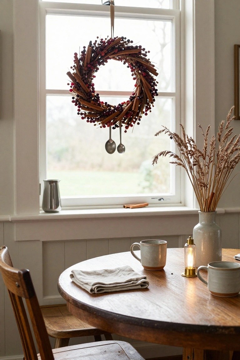 A wreath of cinnamon sticks and red berries hangs from a white window frame in a kitchen, with metal spoons attached, above a round wooden table set with ceramic mugs, a candle, and linen napkin.