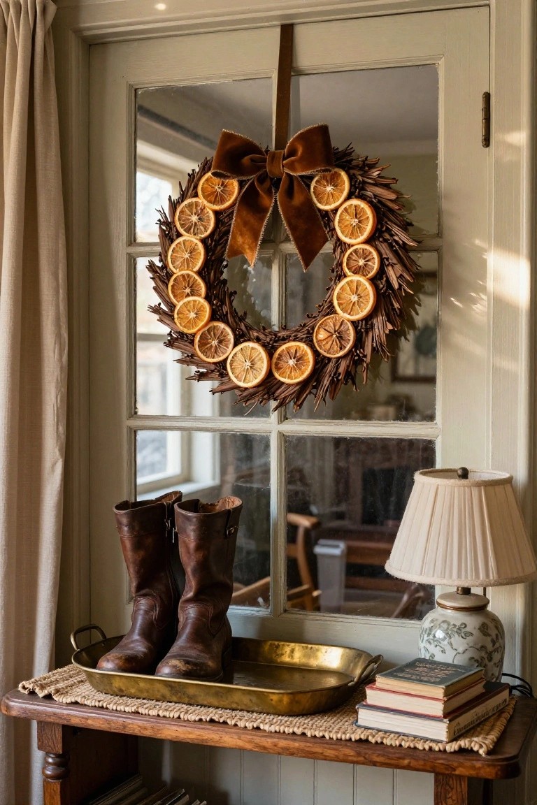 A wreath of dried orange slices and wheat hangs on a light green glass-paneled interior door, with brown leather boots in a brass tray on a wooden console table below, alongside books, a lamp, and a porcelain vase.
