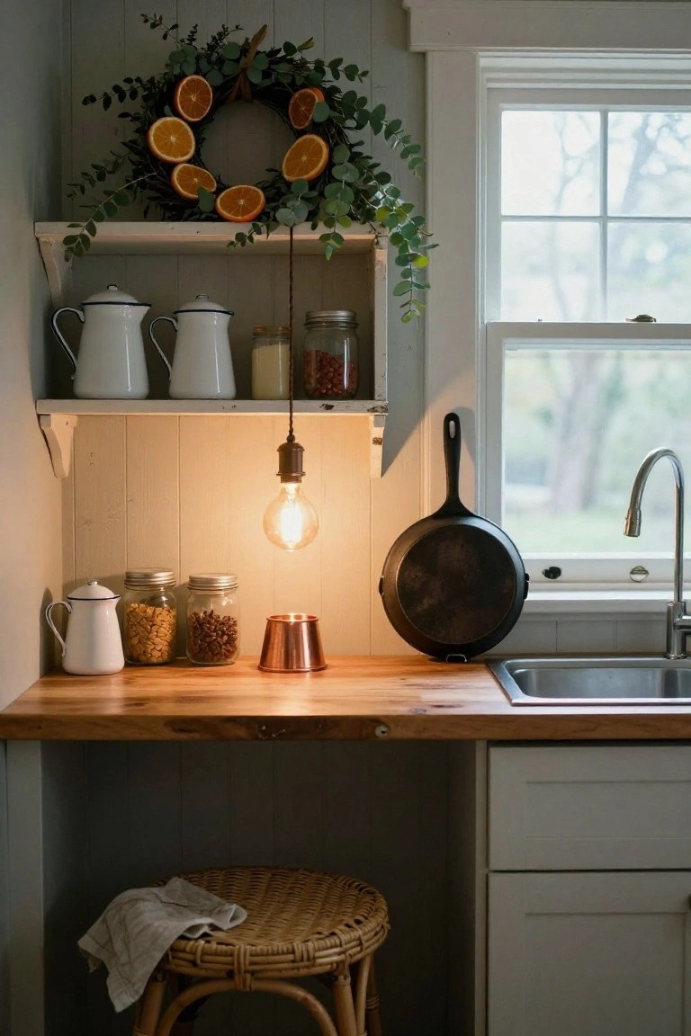 Kitchen corner featuring open white shelves with a wreath of dried orange slices and eucalyptus, enamelware pitchers, jars of nuts and grains, a copper mug on wooden countertop, hanging cast iron skillet near sink, pendant light, and rattan stool with towel.