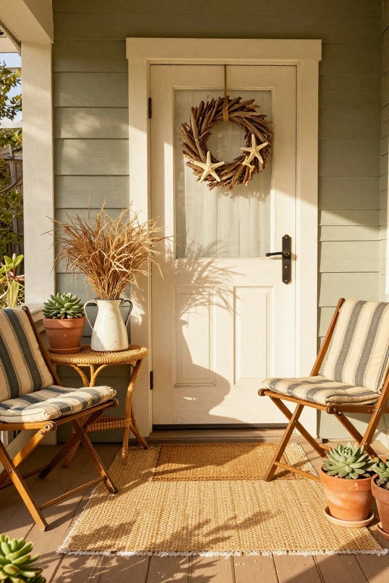 White front door on light green siding with driftwood wreath featuring starfish, flanked by potted plants, wheatgrass in white pitcher on wicker table, two striped cushioned folding chairs, seagrass rug, and wooden porch deck.