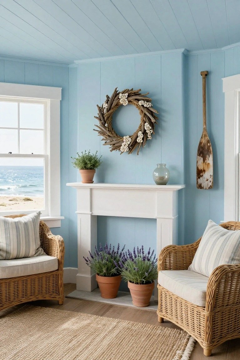 Light blue paneled interior room featuring a white fireplace mantel with a rustic driftwood and shell wreath above it, potted lavender plants on the mantel, two wicker armchairs with striped cushions, a window with ocean and beach view, and a wooden oar on the wall.