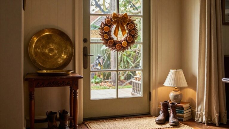 A wreath of dried orange slices and wheat hangs on a light green glass-paneled interior door, with brown leather boots in a brass tray on a wooden console table below, alongside books, a lamp, and a porcelain vase.