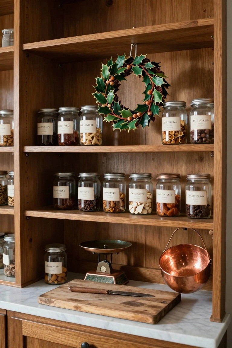 Wooden open shelving unit in a kitchen pantry stocked with labeled glass jars containing nuts, dried fruits, and snacks, a green holly wreath hanging from one shelf, a copper bucket, brass scale, and wooden cutting board on the marble countertop below.