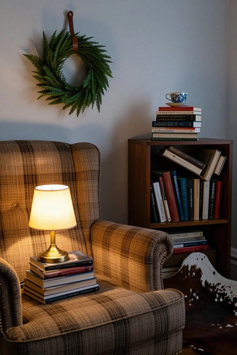 Cozy indoor corner with plaid armchair holding stacked books and brass lamp, green fern wreath hanging on wall nearby, wooden bookshelf filled with books, blue and white teacup on top, cowhide rug on wood floor.