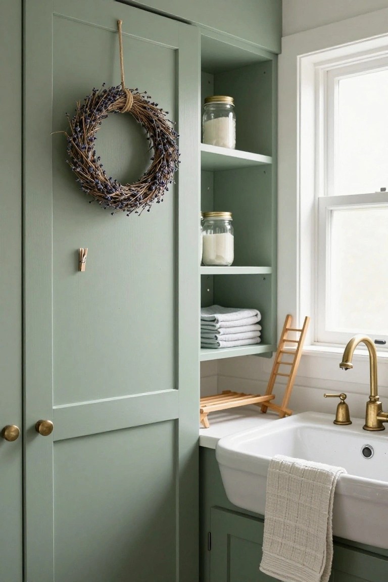 Sage green paneled cabinet door with dried lavender wreath hanging from twine, next to open green shelves holding glass jars of flour and folded blue towels, beside white farmhouse sink and brass faucet.