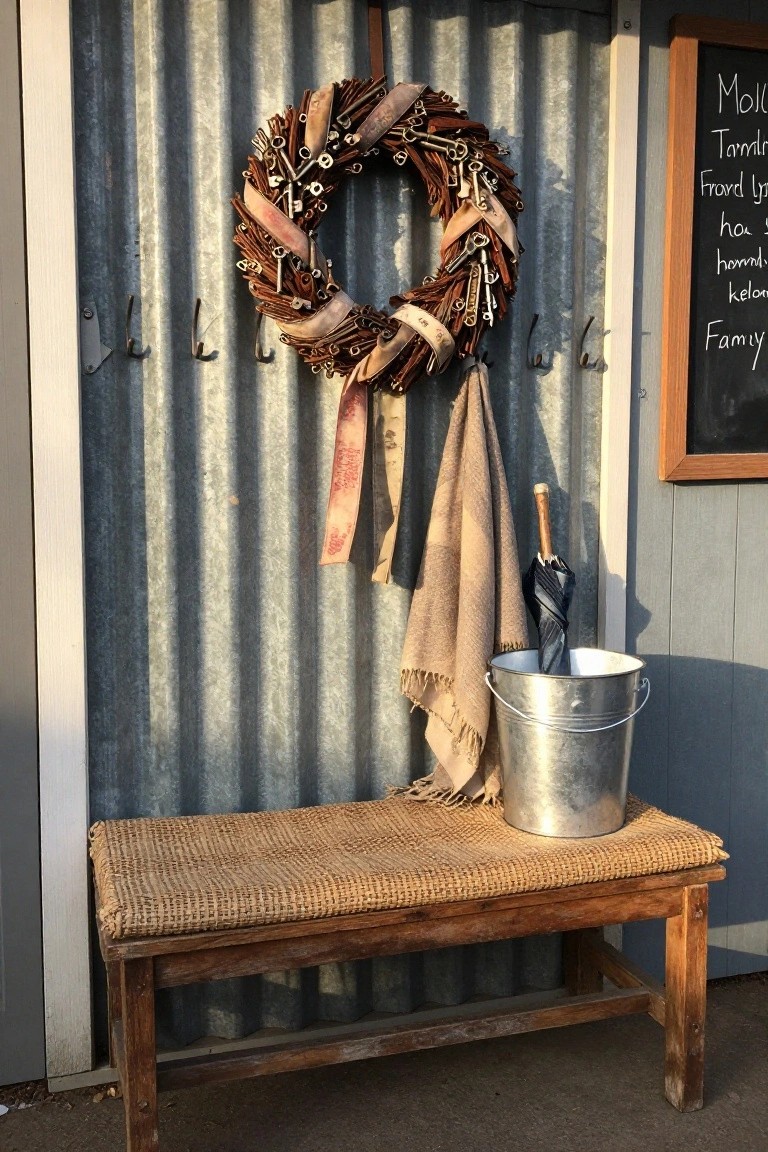 Rustic wreath made of twigs, old keys, and leather straps hanging on corrugated metal wall with coat hooks, tan towels draped nearby, black umbrella in metal bucket on wooden rattan bench, chalkboard sign to the side.