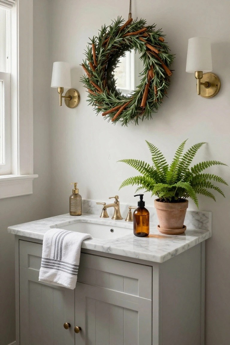 Bathroom vanity with white marble countertop, gray shaker-style cabinet, gold faucet and hardware, glass soap bottles, terracotta potted fern, white towel, and round mirror framed by rosemary wreath with cinnamon sticks, next to two brass sconces on white wall.