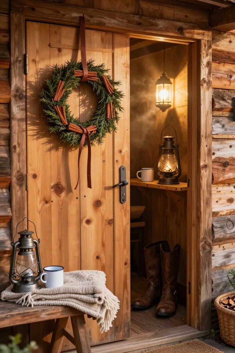 Open wooden door on a log cabin exterior decorated with a green evergreen wreath featuring cinnamon sticks, flanked by lanterns, a bench with mug and blanket outside, and boots visible inside on a shelf.